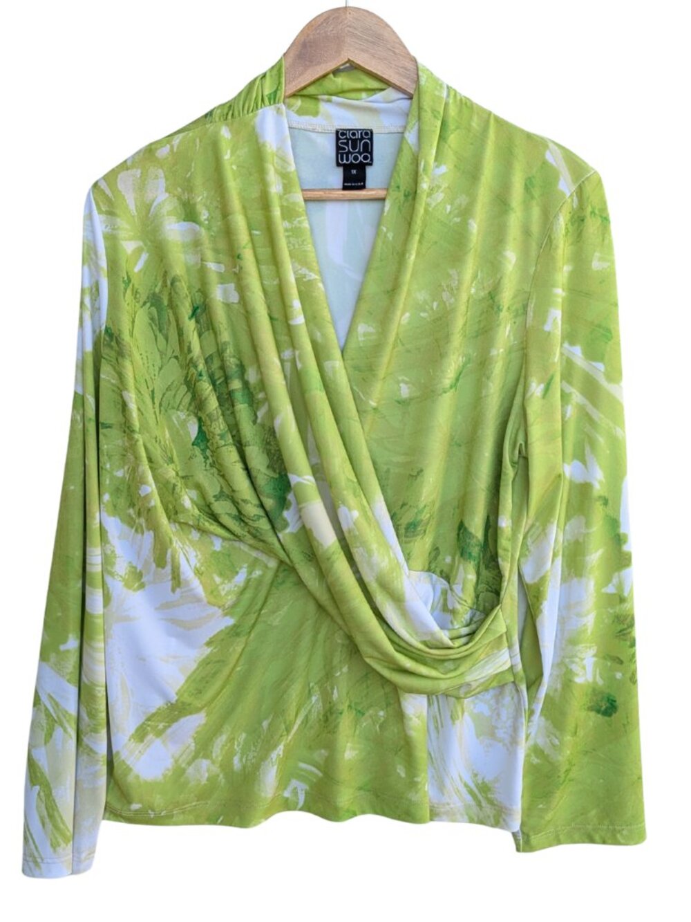 Clara Sunwoo V-Neck Draped Pleat Top Floral Citrus Lime White Size 1X